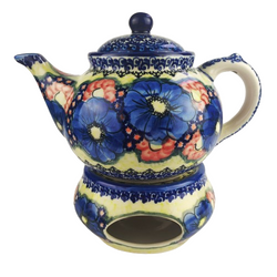 Bunzlauer Keramik Tee-Koffeekanne 1,3 L mit Stövchen Dekor große Blumen bolkyblue.de