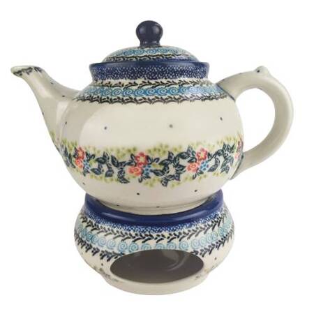 Bunzlauer Keramik Tee-Koffeekanne 1,3 L mit Stövchen Dekor kleine Blumen bolkyblue.de