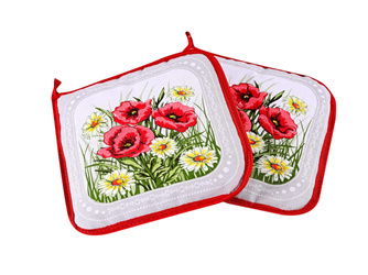 2-er Set Topflappen Ofenlappen graue Farbe Mohnblumen Motiv Hergestellt in Polen